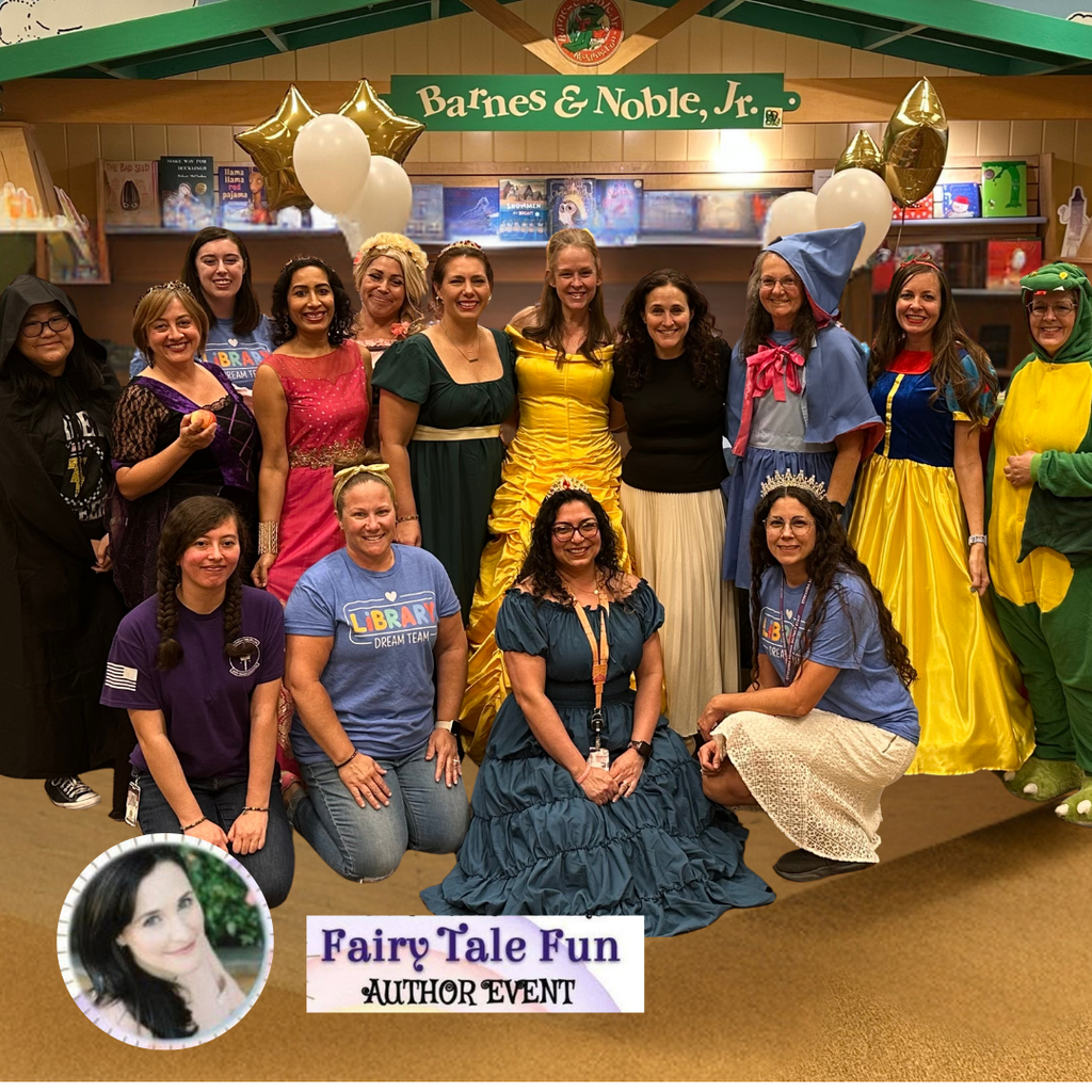 Text: Fairy tale Fun AUthor Event  Image: owmen dressed as fairy tales