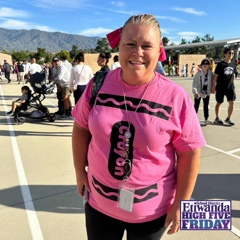 Text: Etiwanda School District, High Five Friday Image: woman wearing a pink shirt