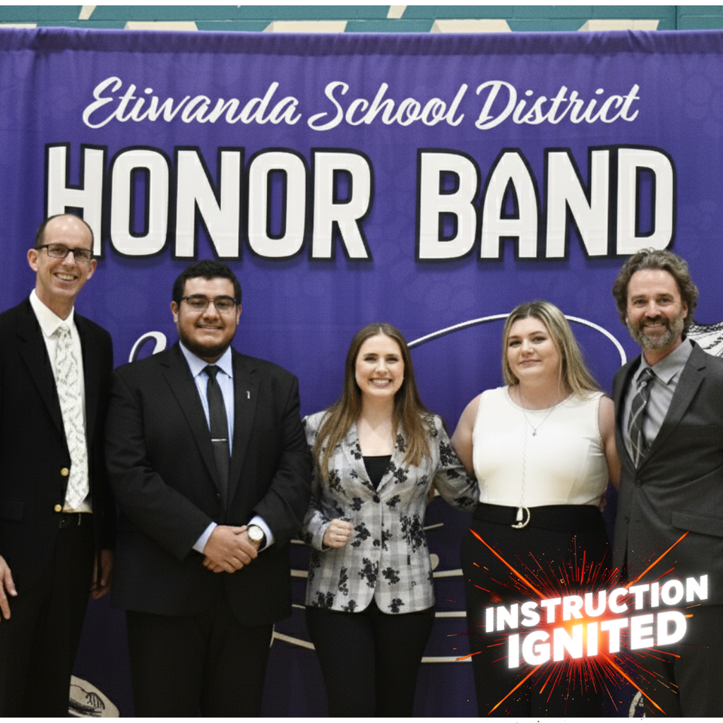 Text: Etiwanda School District Honor Band, Instruction Ignited Image: 5 adults smiling