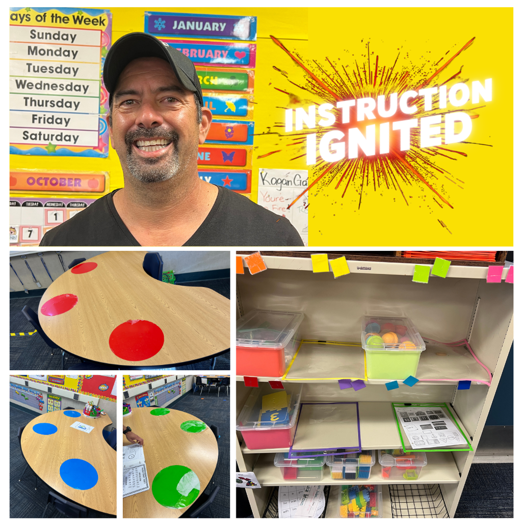 Text: Instruction Ignited Images: a smiling male, tables, and a bookshelf