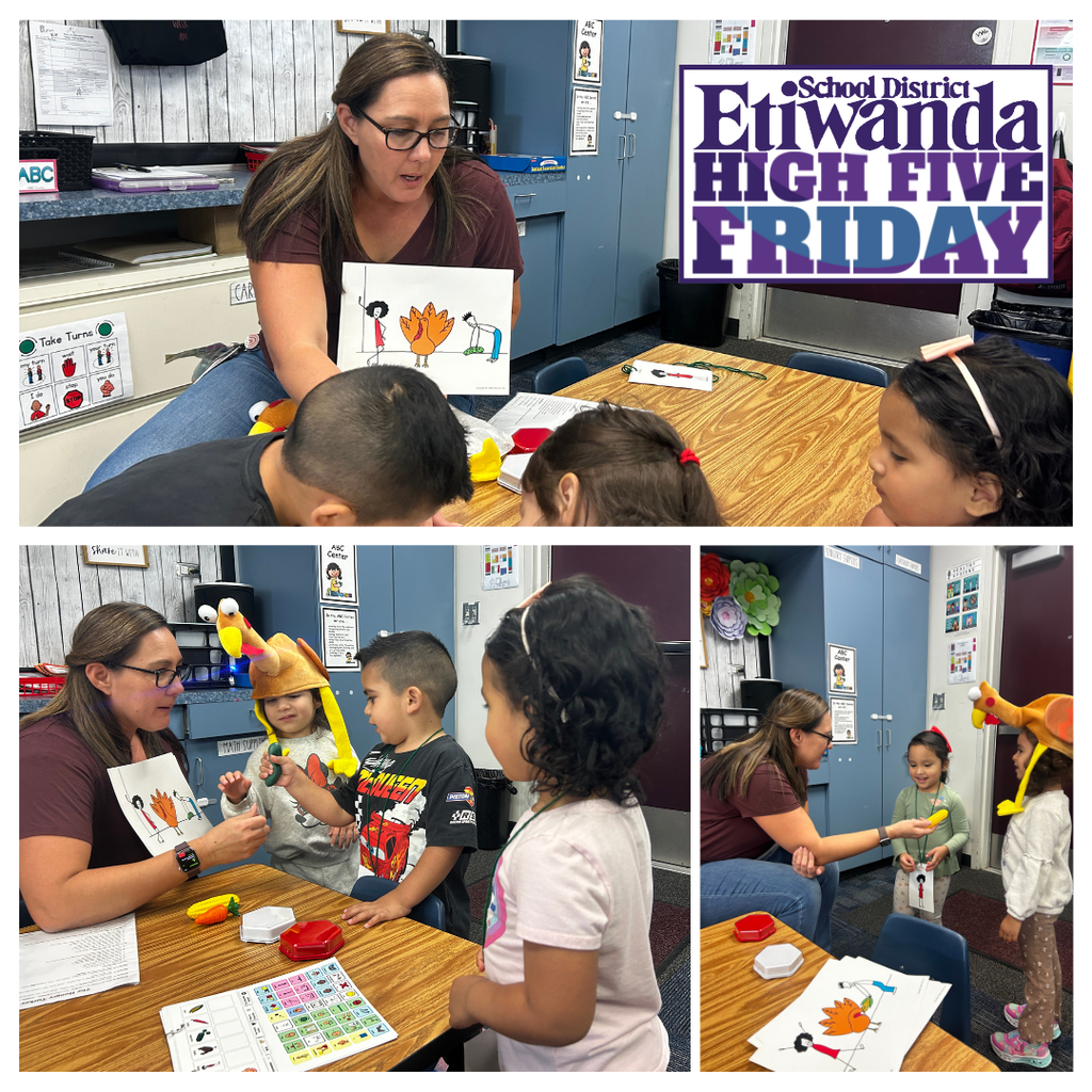 Text: High Five Friday Images: Adult female working with students