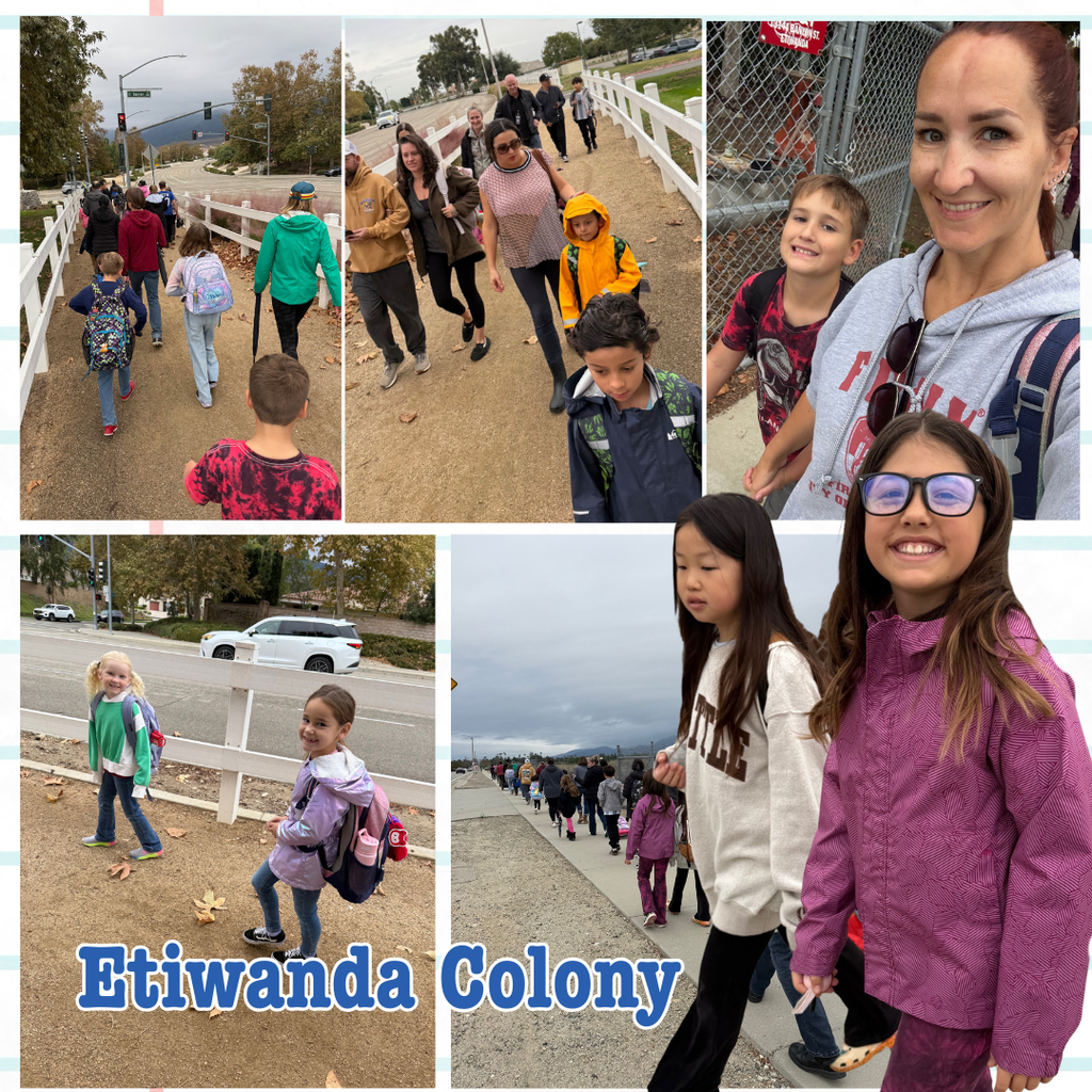Text: Etiwanda Colony Images: students and adults walking to school