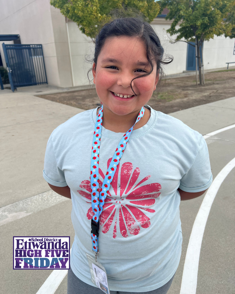 text: High five Friday Image: smiling student wearing a blue shirt