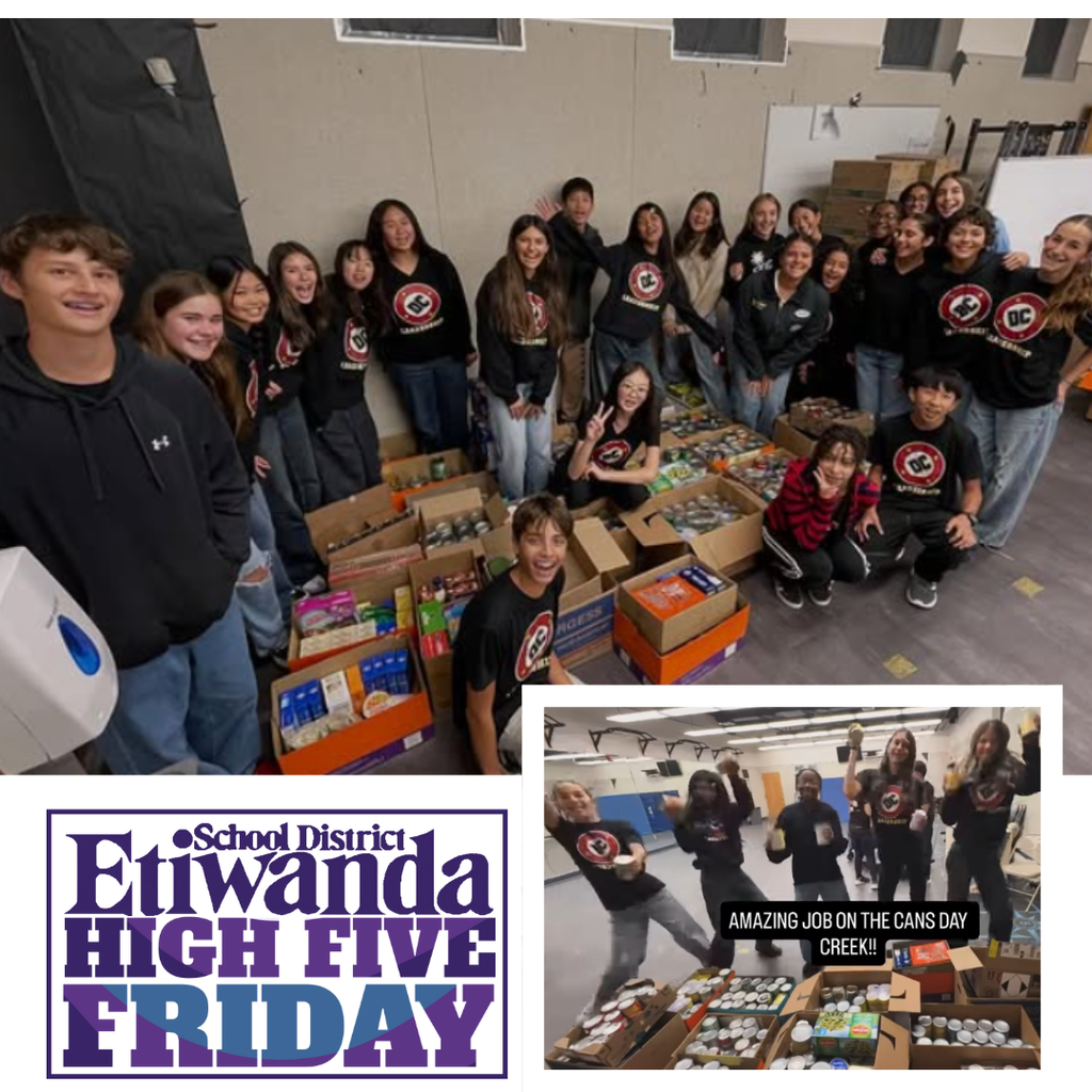 Text: Etiwanda School District, High Five Friday Images; students with cans of food