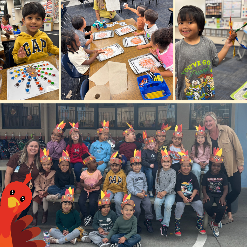 No text: Images of students wearing turkey hats and working in a class. 