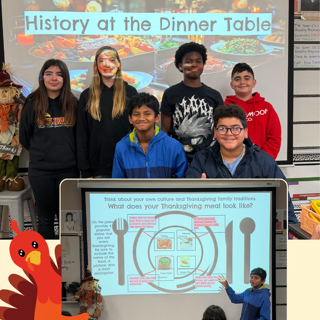 Text: History of the Dinner Table Image: student smiling in front of a board