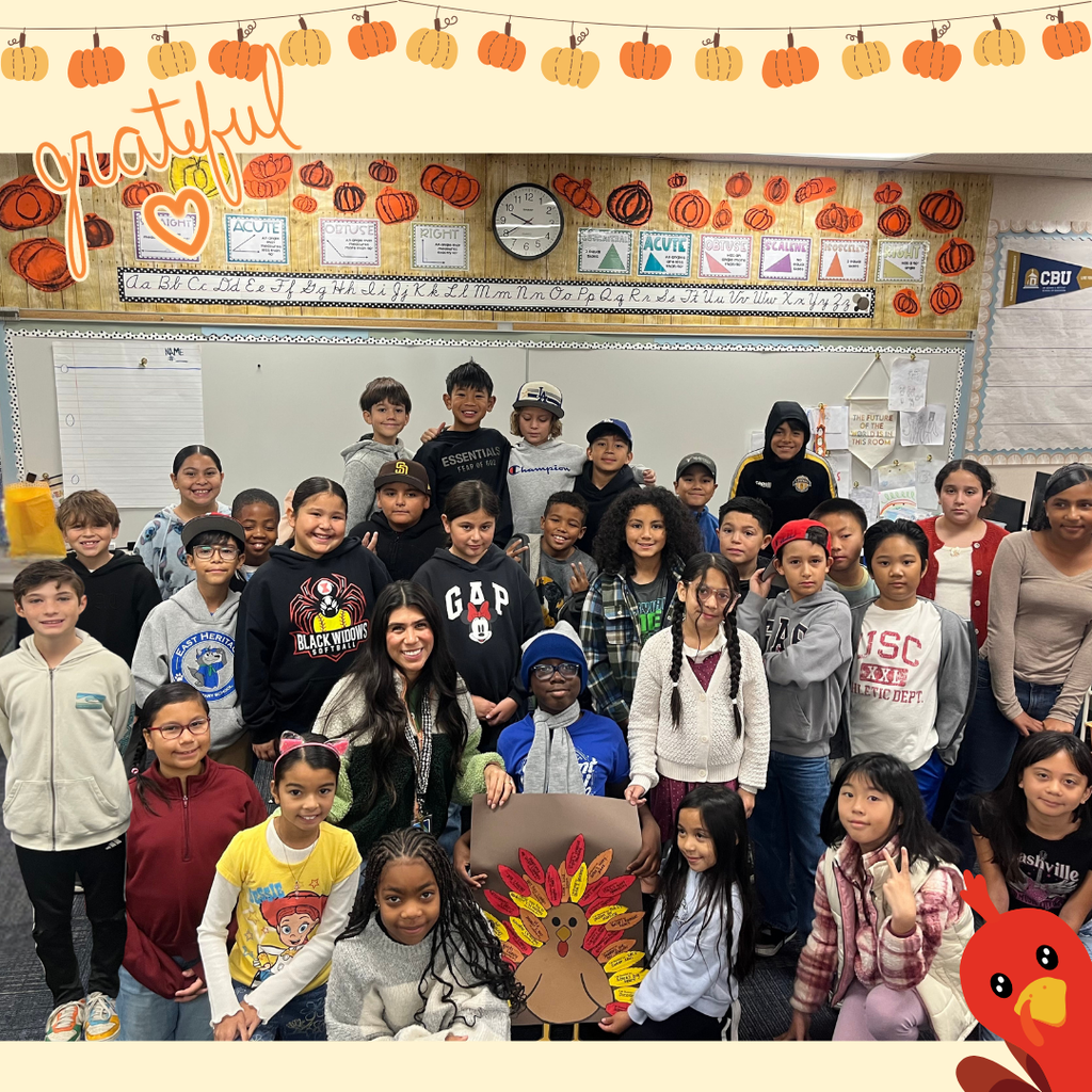 Text: Grateful Image: smiling students with a turkey