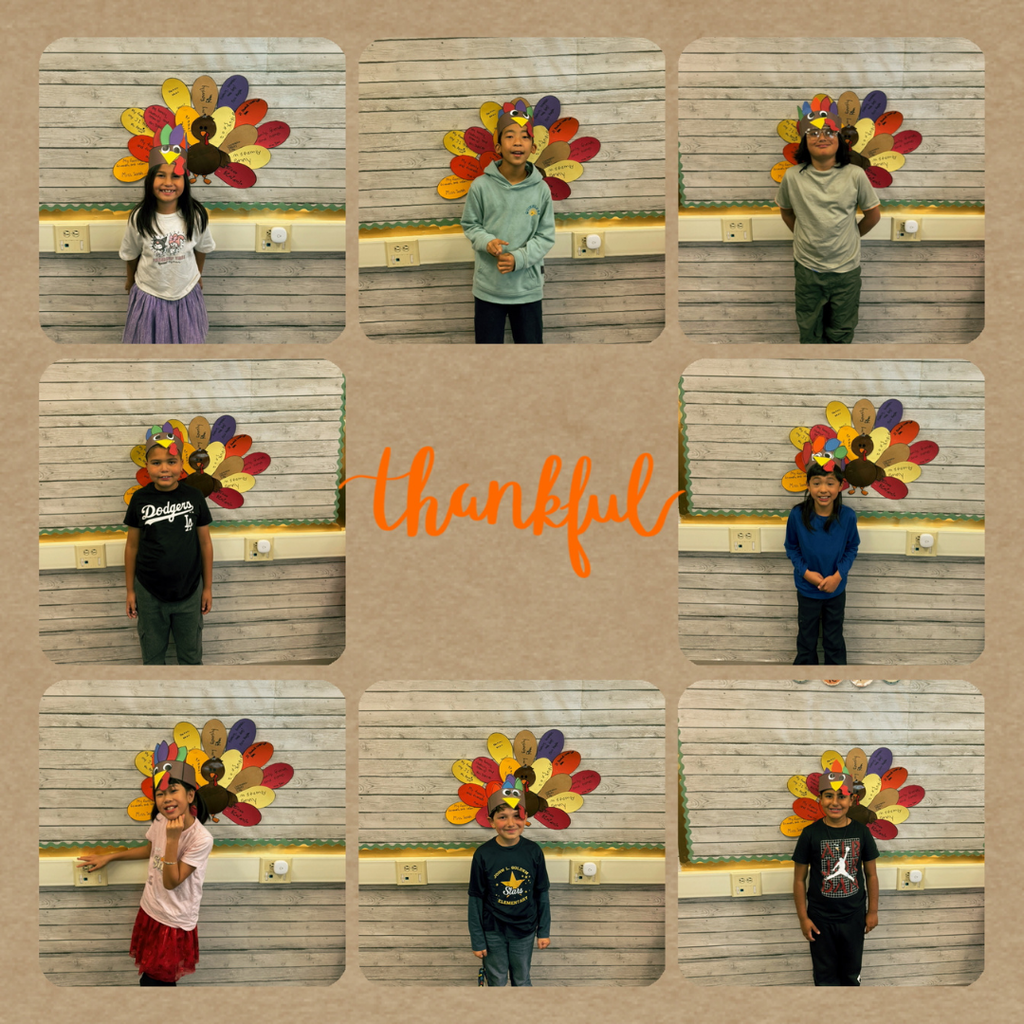 Text: Thankful Image: 8 students with turkeys