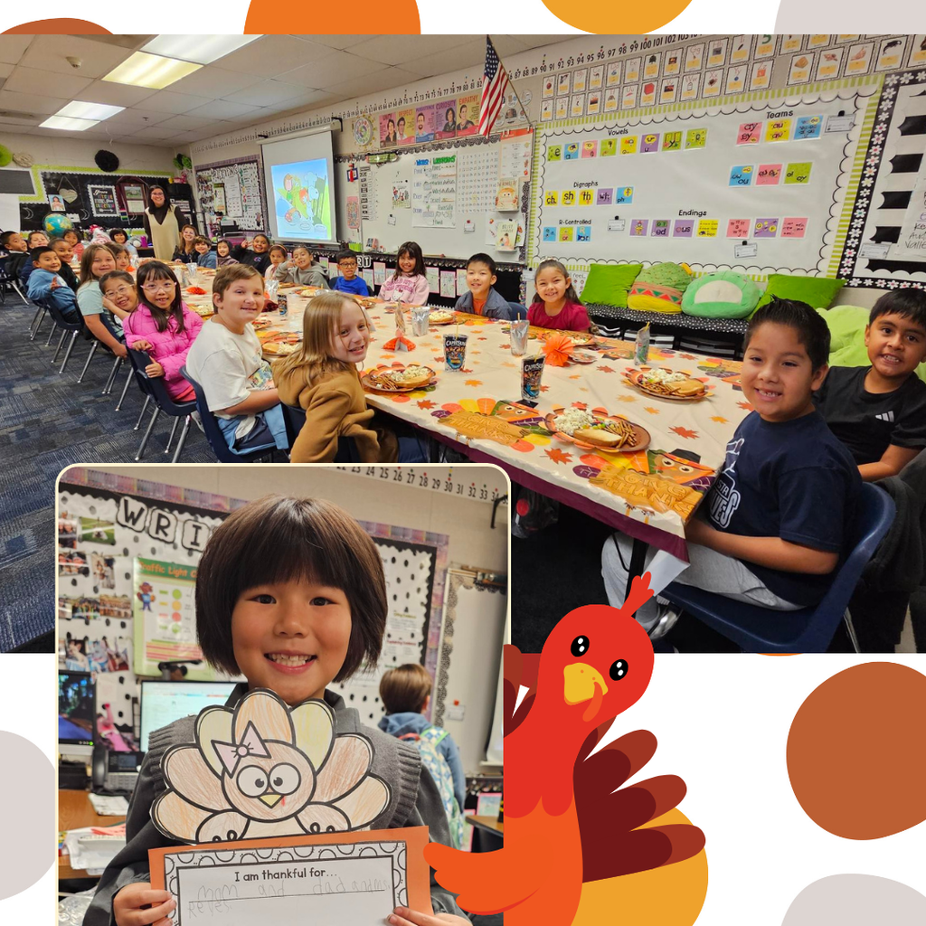 No text: students smiling and eating turkey