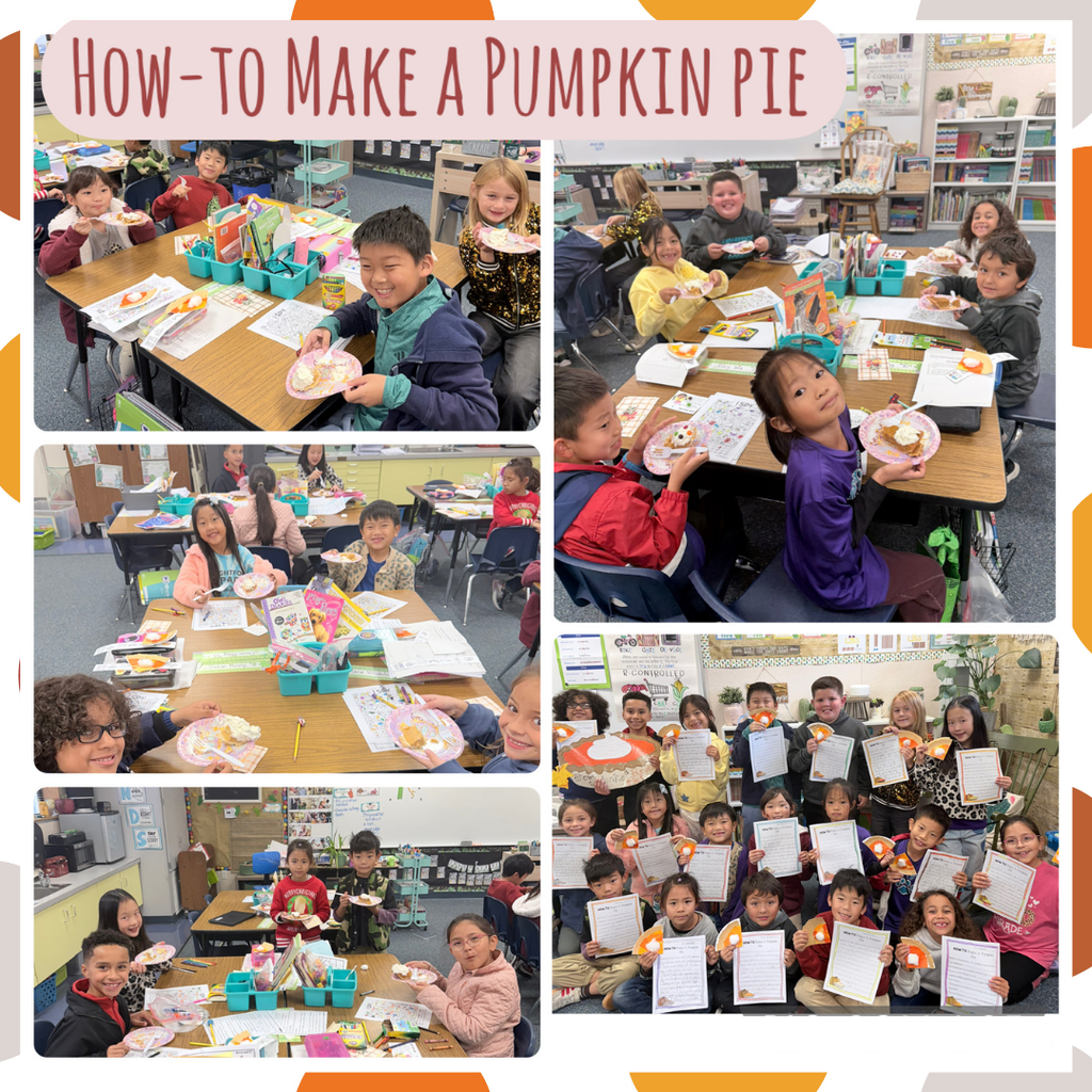 Text: How-To Make A Pumpkin Pie Images: students with pumpkin pies