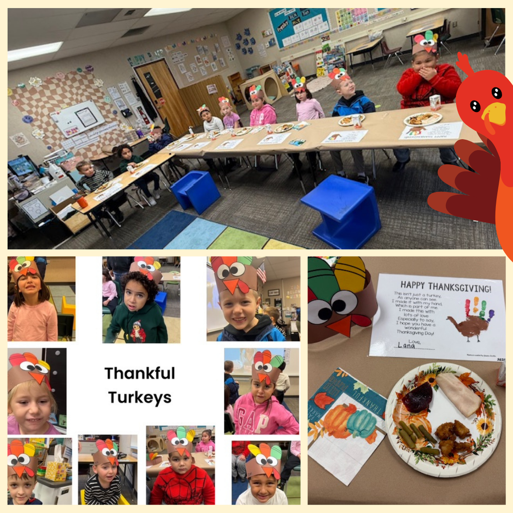 Text: Thankful Turkey Images: students smiling wearing turkey hats