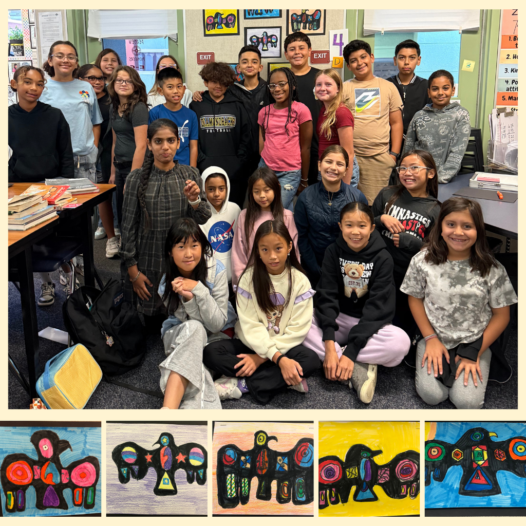 No Text Images: smiling student sin a classroom and 5 birds