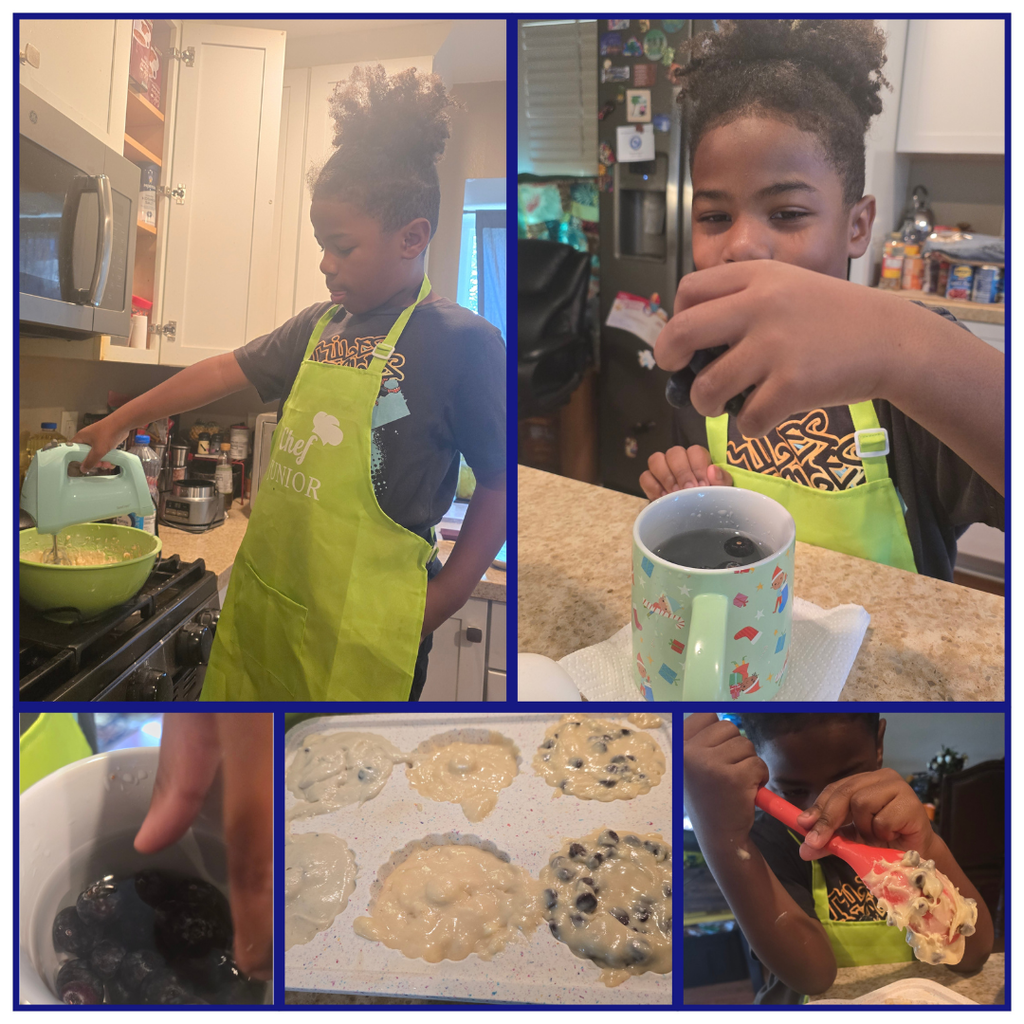 No text Image: boy wearing an apron baking muffins