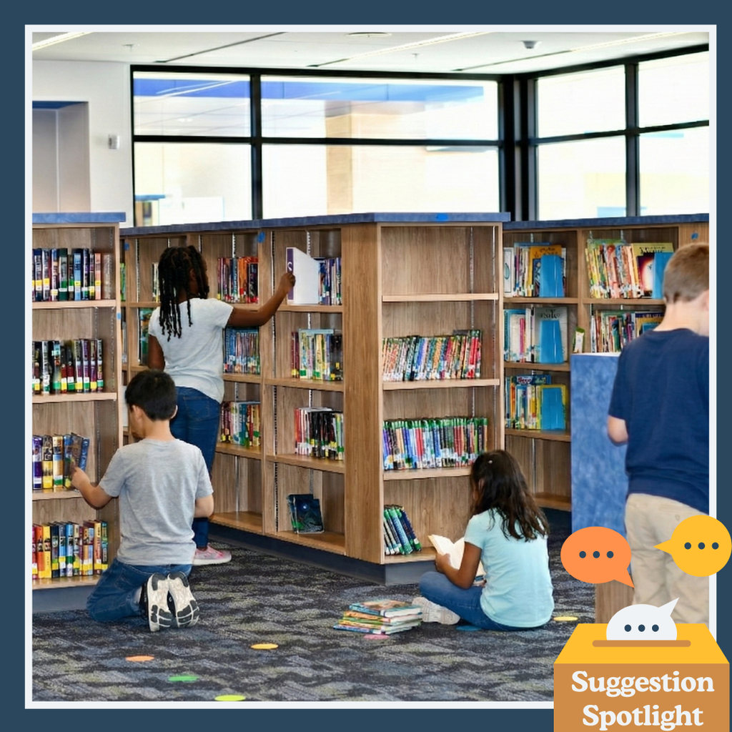 Text: Suggestion Spotlight Image: 4 students in a library