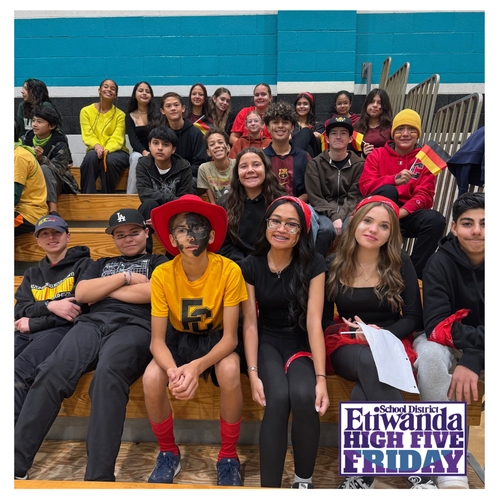 Text: Etiwanda School District, High Five Image: a group of students smiling