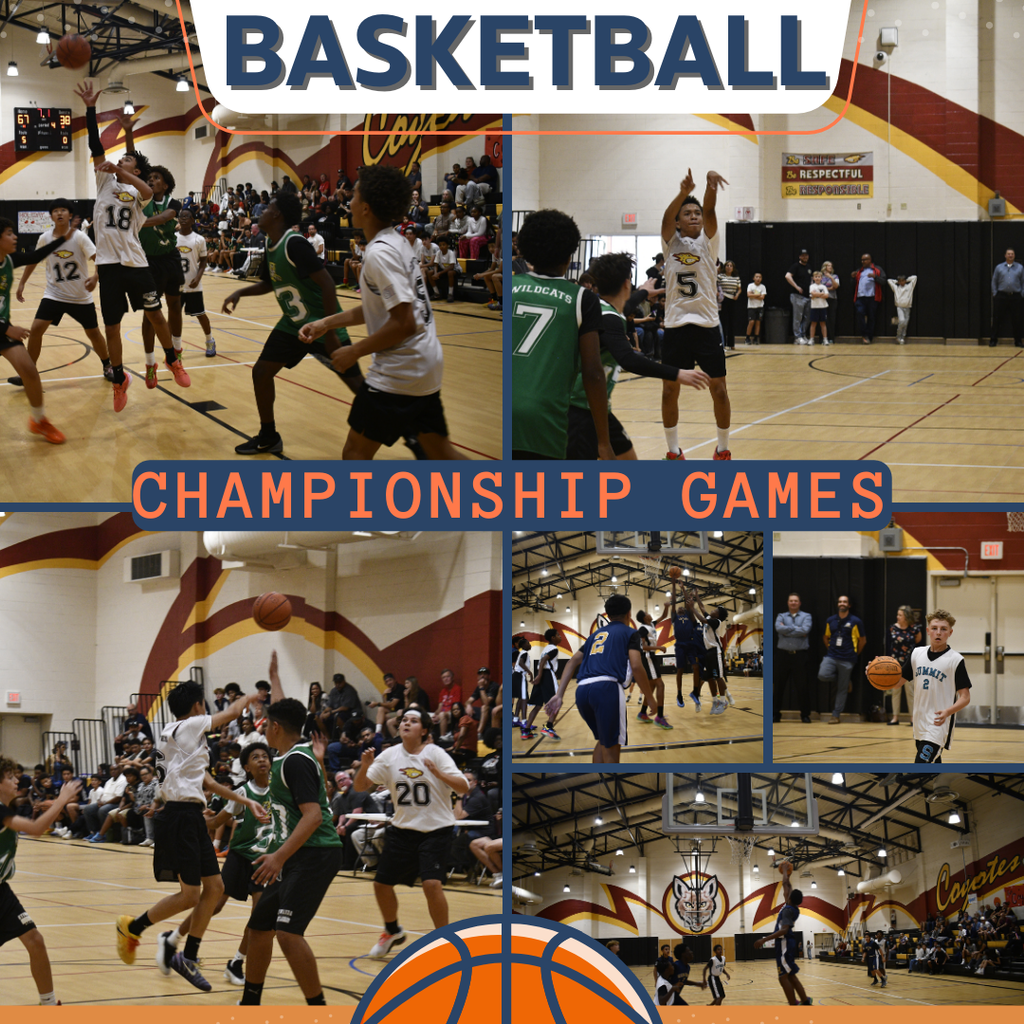 Text: Championship Games, Basketball Images: boys playing basketball
