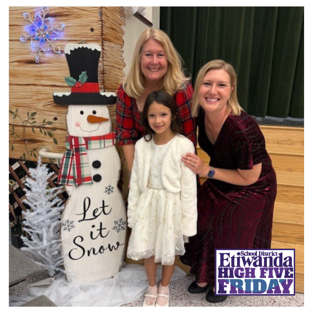 Text: High Five Friday, Etiwanda School District Image: Two blonde females smiling with a child in white.
