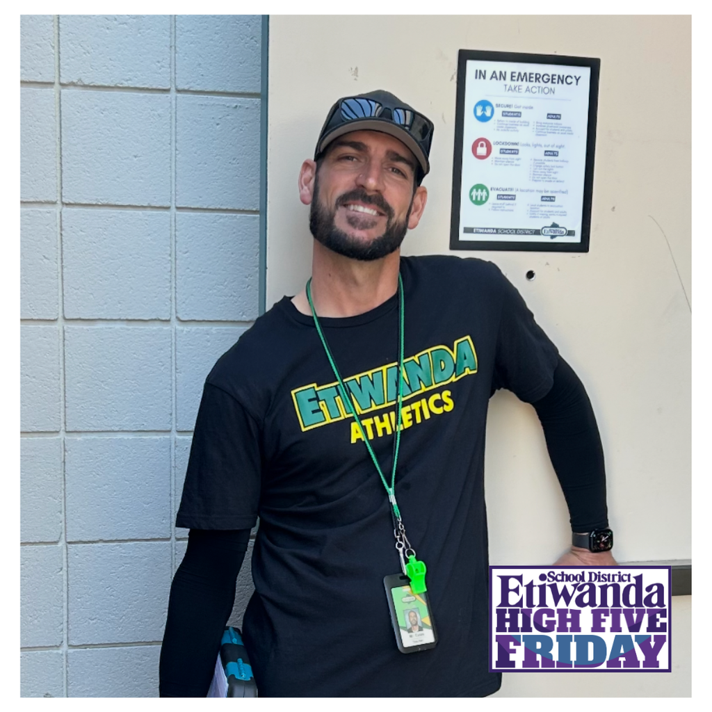 Text: Etiwanda School District, High Five Friday Image: man wearing a black shirt and cap