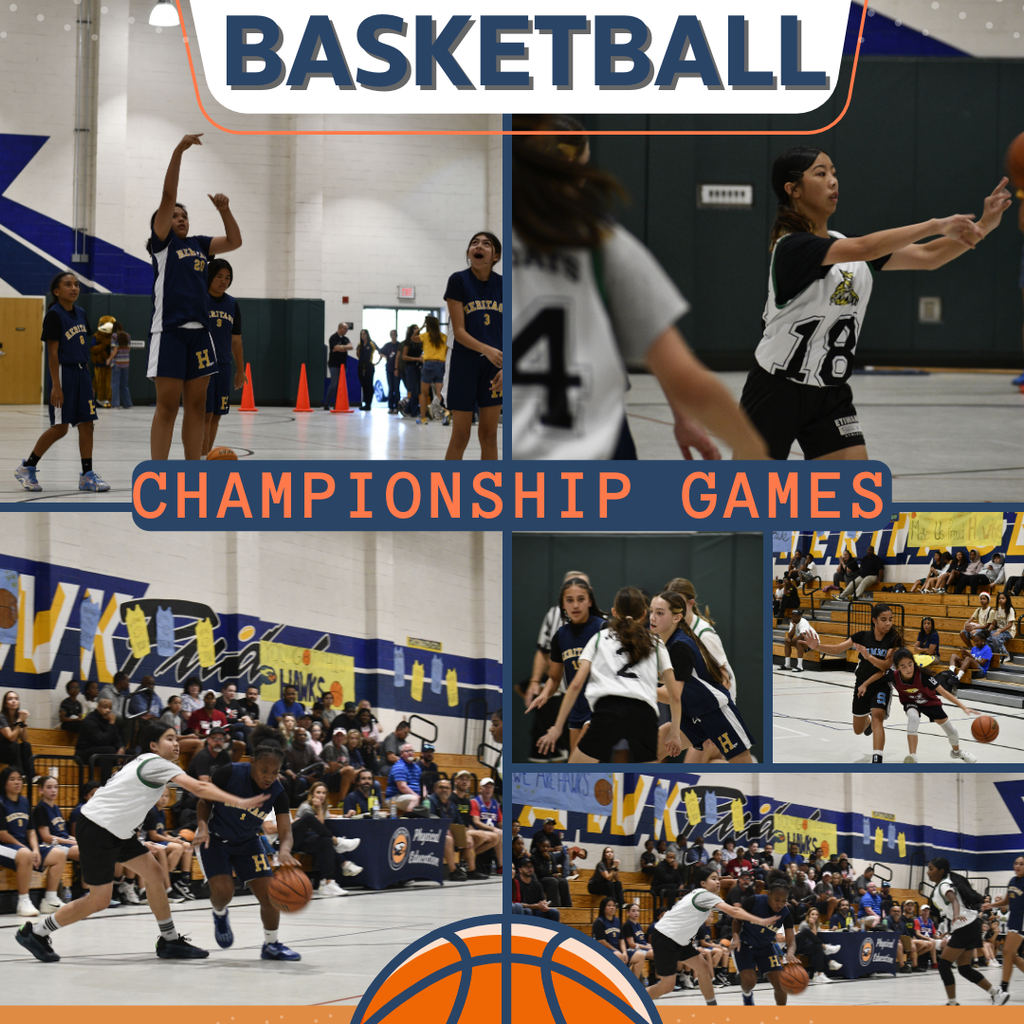 Text: Basketball Champtionship Games, images of girls playing basketball