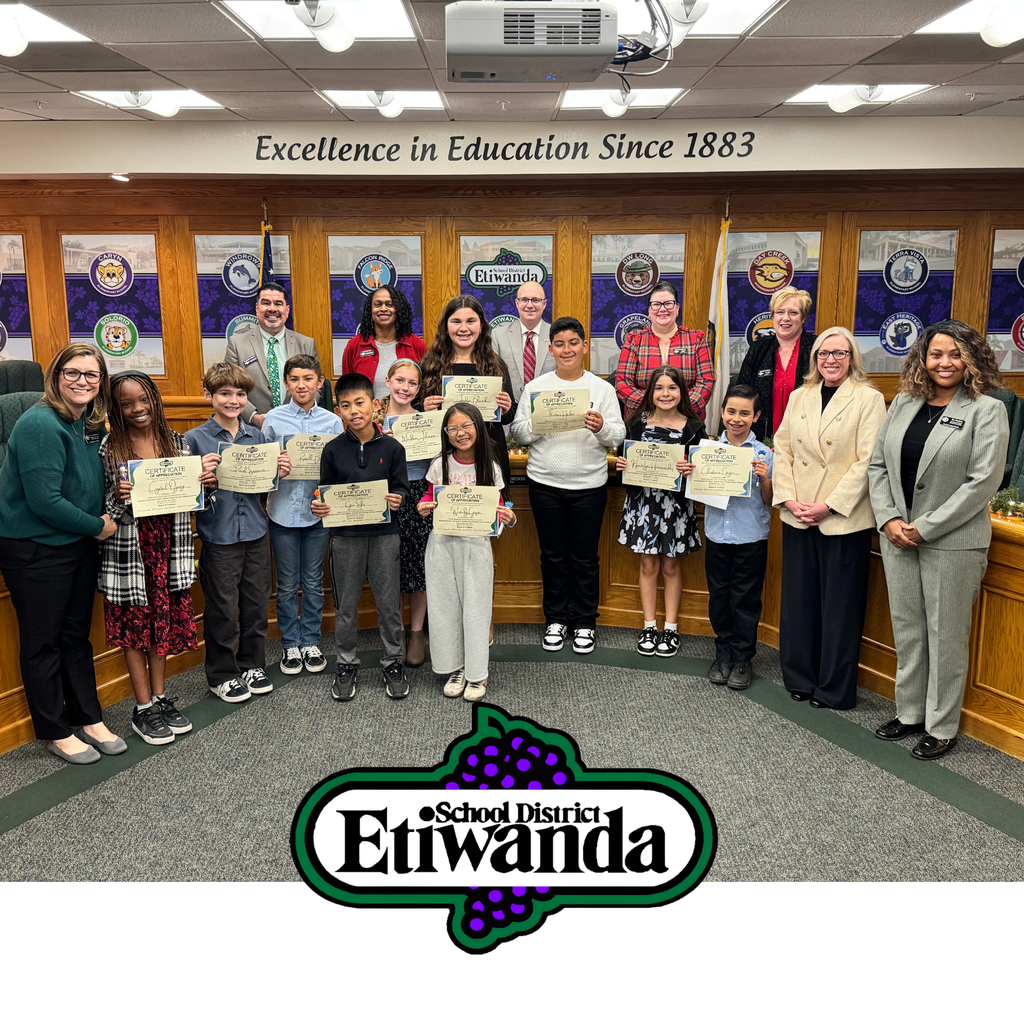 Text: Etiwanda School board  Image: students and adults standing and smiling.