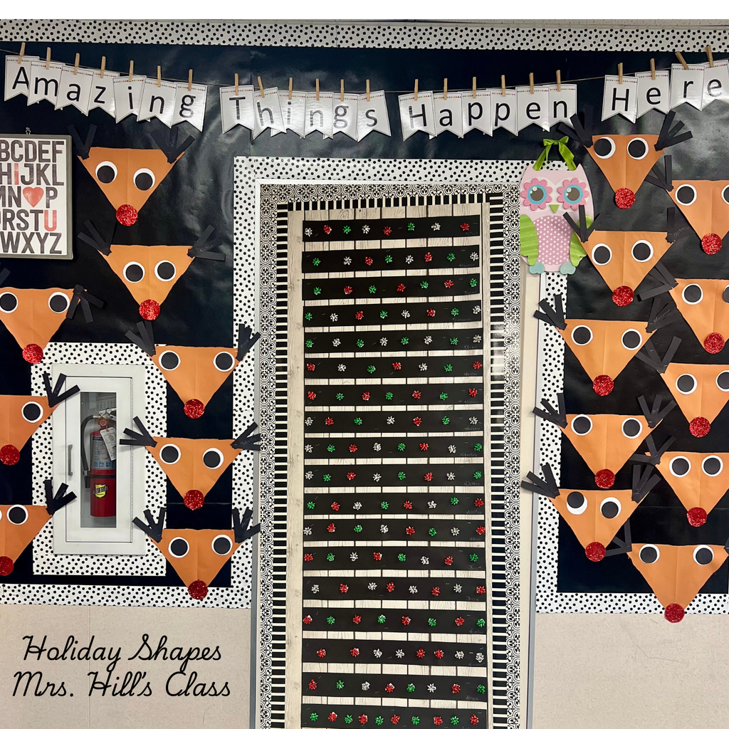 Text: Holiday Shapes Mrs. Hills Class Images: reindeer and bows