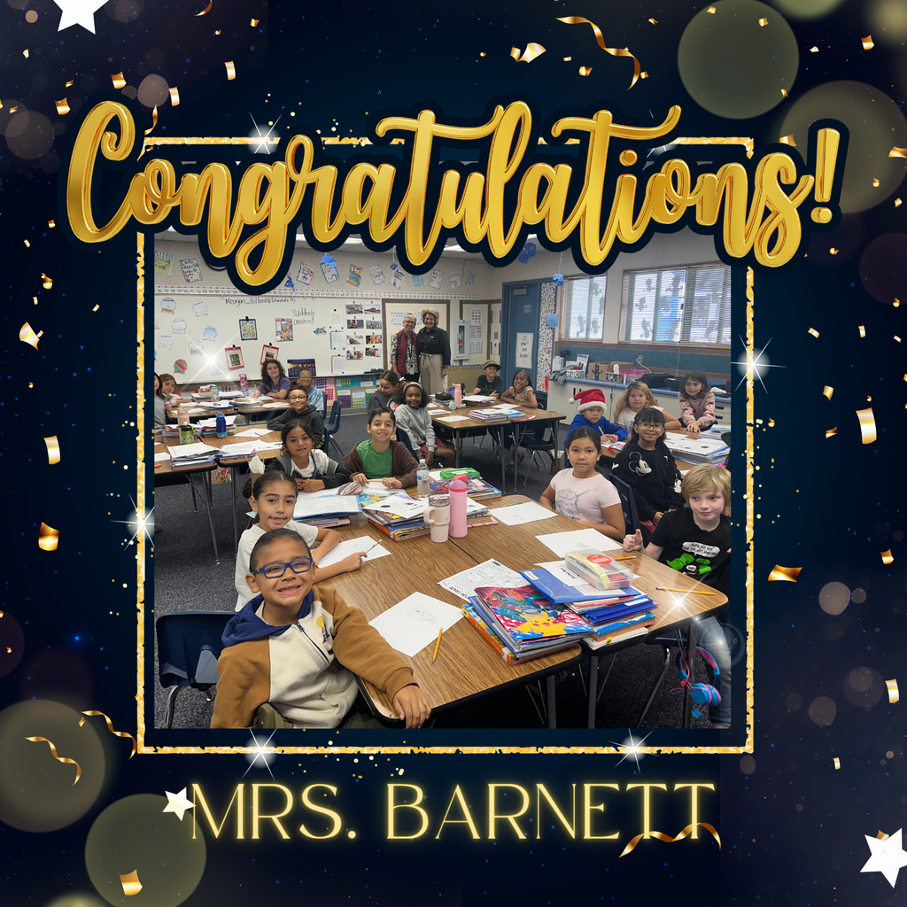 Text: Congratulations Mrs. Barnett Image: two adult females and children in a classroom smiing
