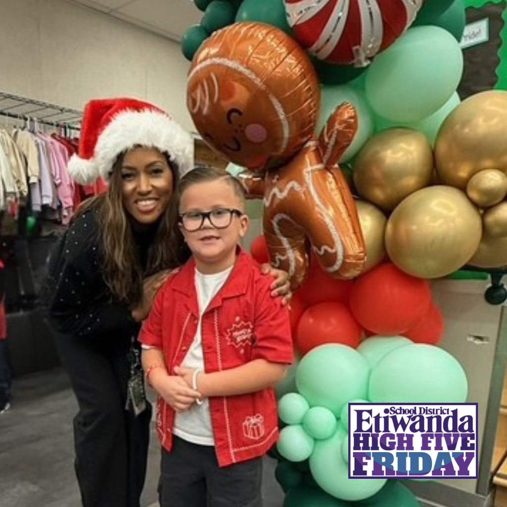 Text: High Five Friday Image; Smiling adult with a student 