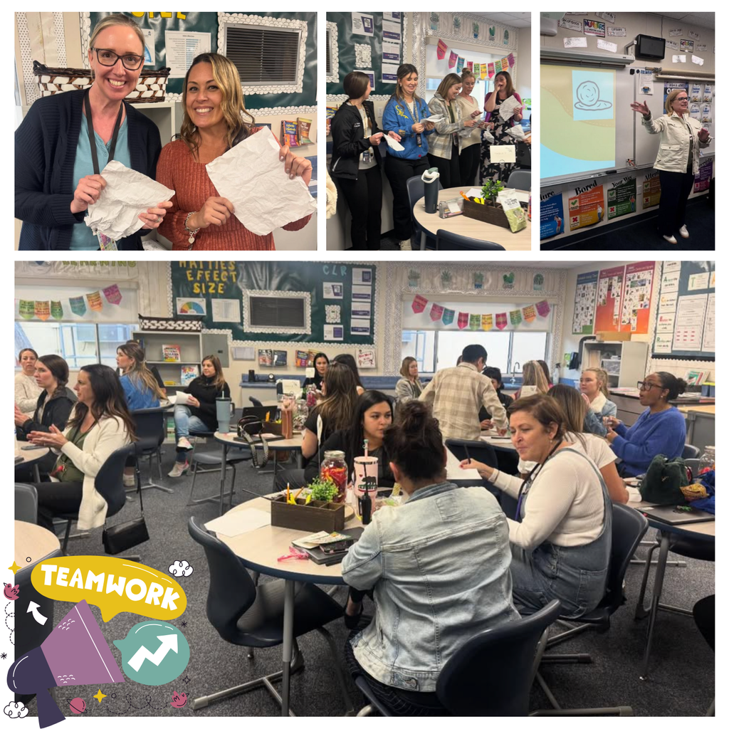 Text: teamwork Images: teachers in a classroom working together