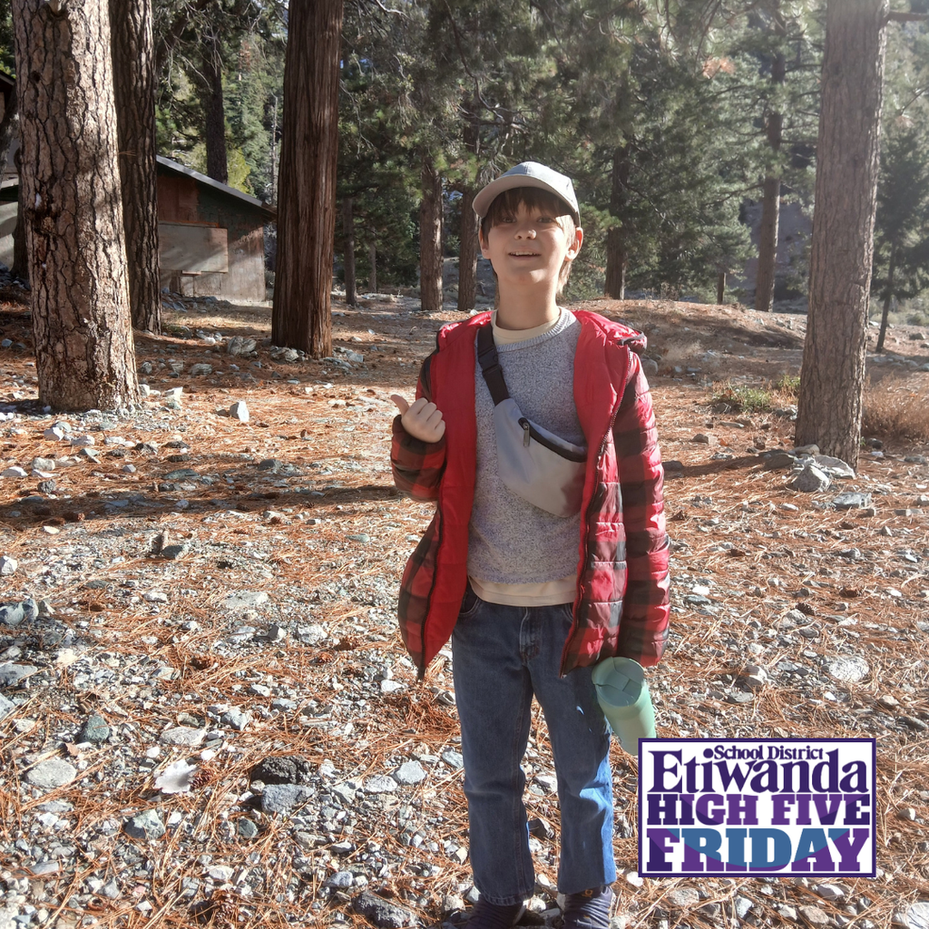 Text: High Five Friday Image: boy wearing a red jacket standing in the woods
