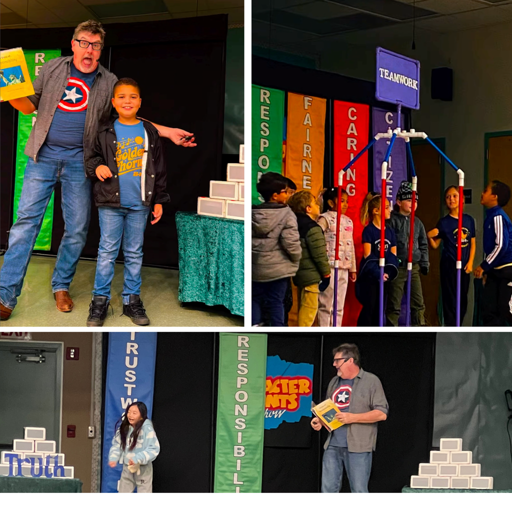 No text Images: Students on a stage smiling and working together.