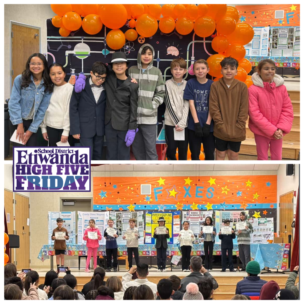 Text: High Five Friday Image: students on stage smiling