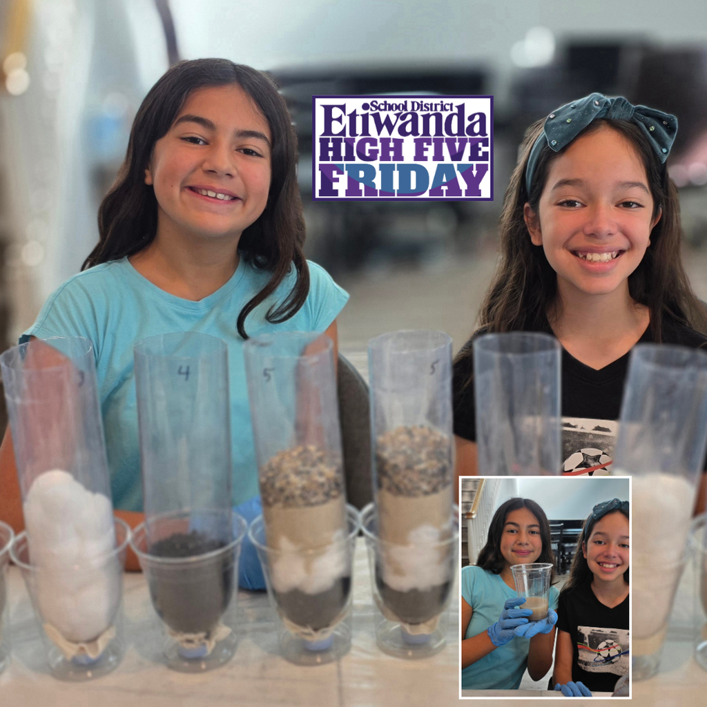 Text: High Five Friday Image: two students at a science fair