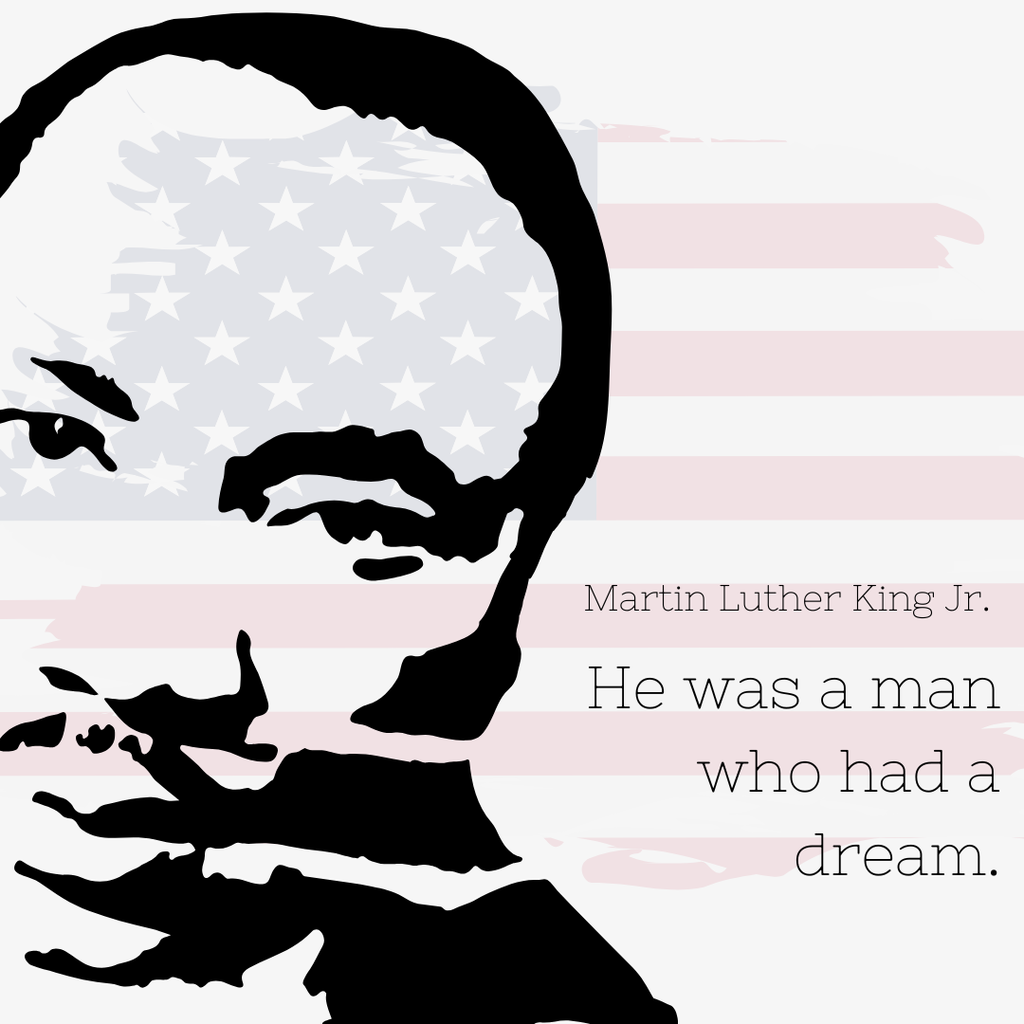 Text: :Martin Luther King Dr.. He was a man with a dream Image of MLK in front of an American flag