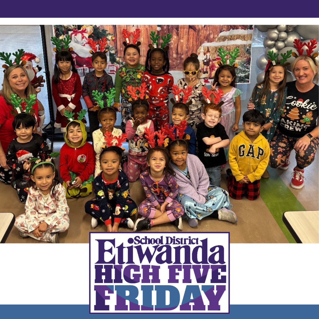 Text: Etiwanda School District, High Five Friday Image: two teachers sitting with students