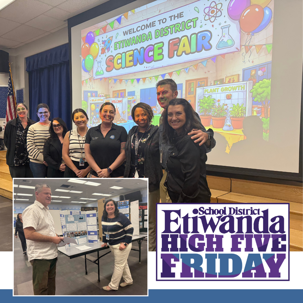 Text: Etiwanda School District, High Five Friday logo Image ten teachers smiling