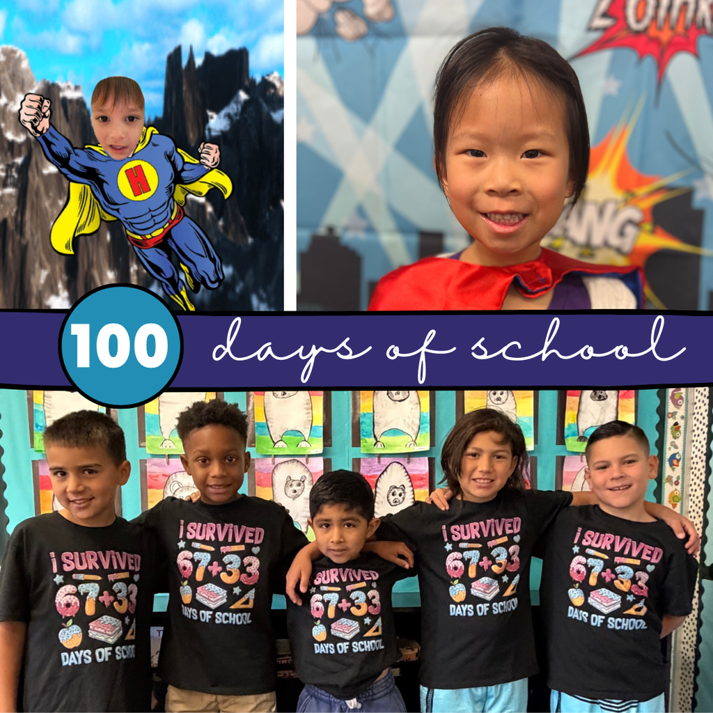 Text: Happy 100 Days of School Images: students dressed up like older people