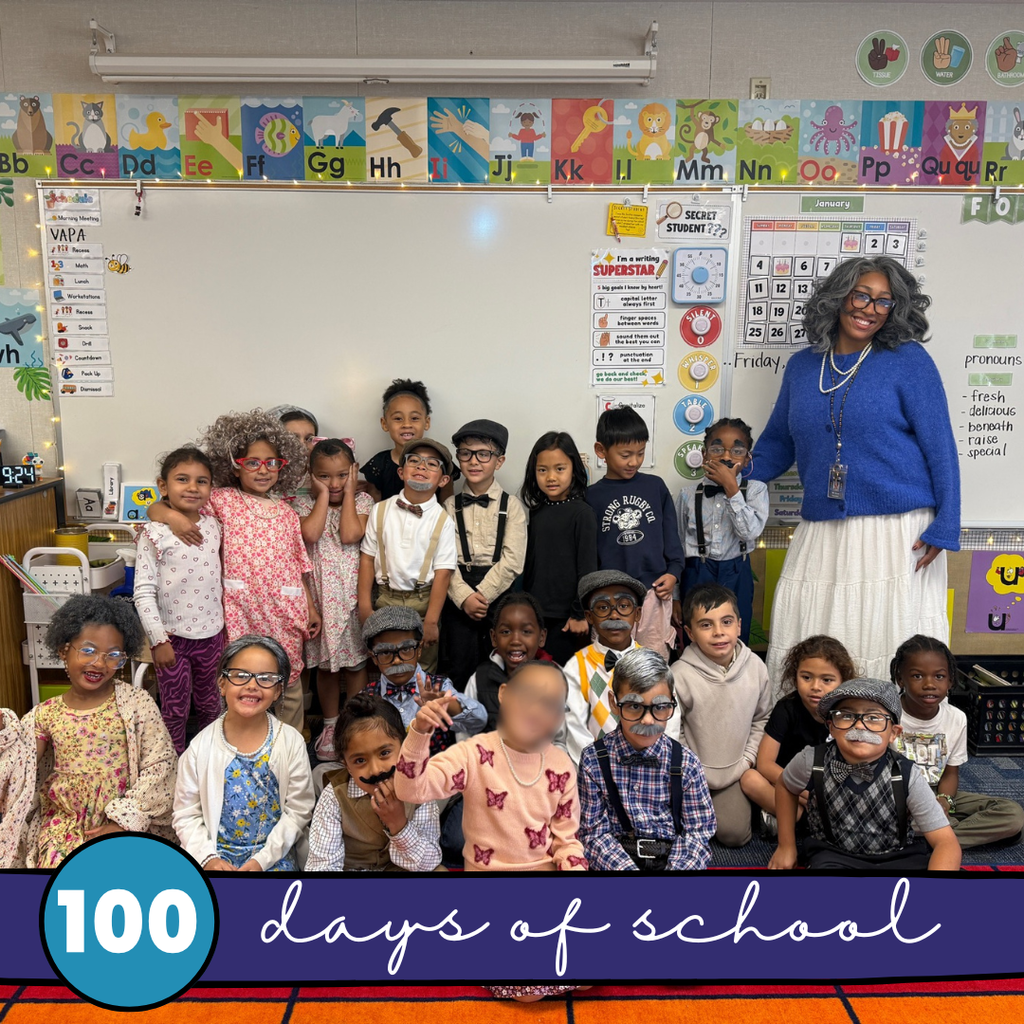 Text: Happy 100 Days of School Images: students dressed up like older people