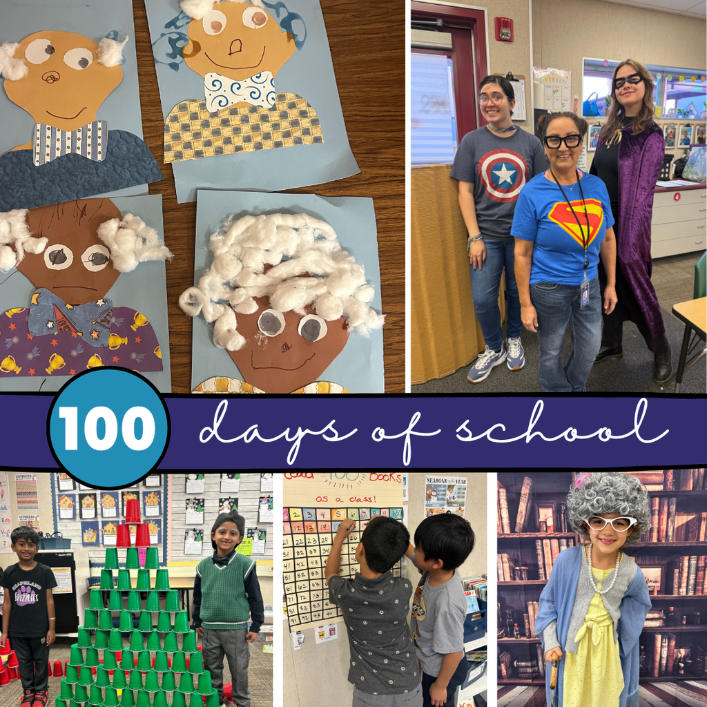 Text: Happy 100 Days of School Images: students dressed up like older people