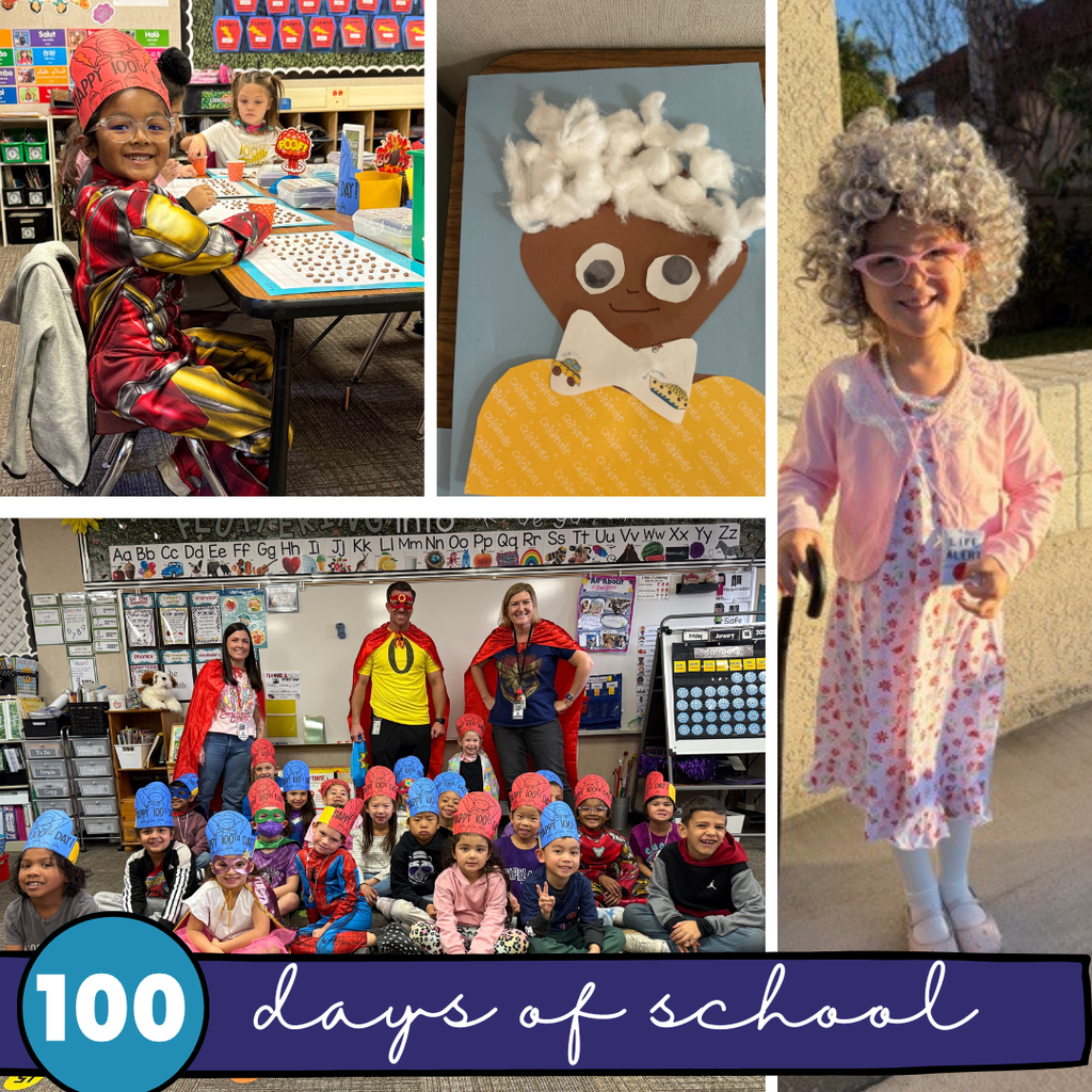 Text: Happy 100 Days of School Images: students dressed up like older people