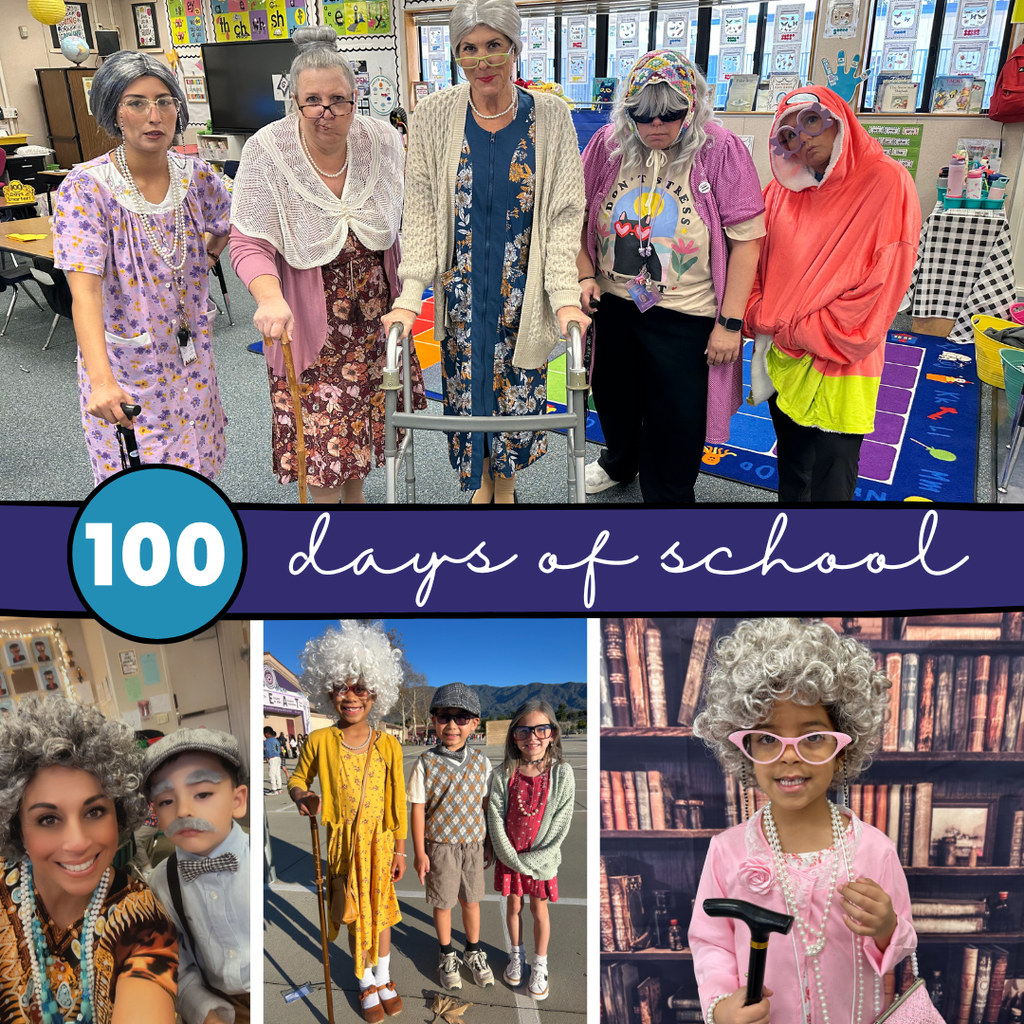 Text: Happy 100 Days of School Images: students dressed up like older people