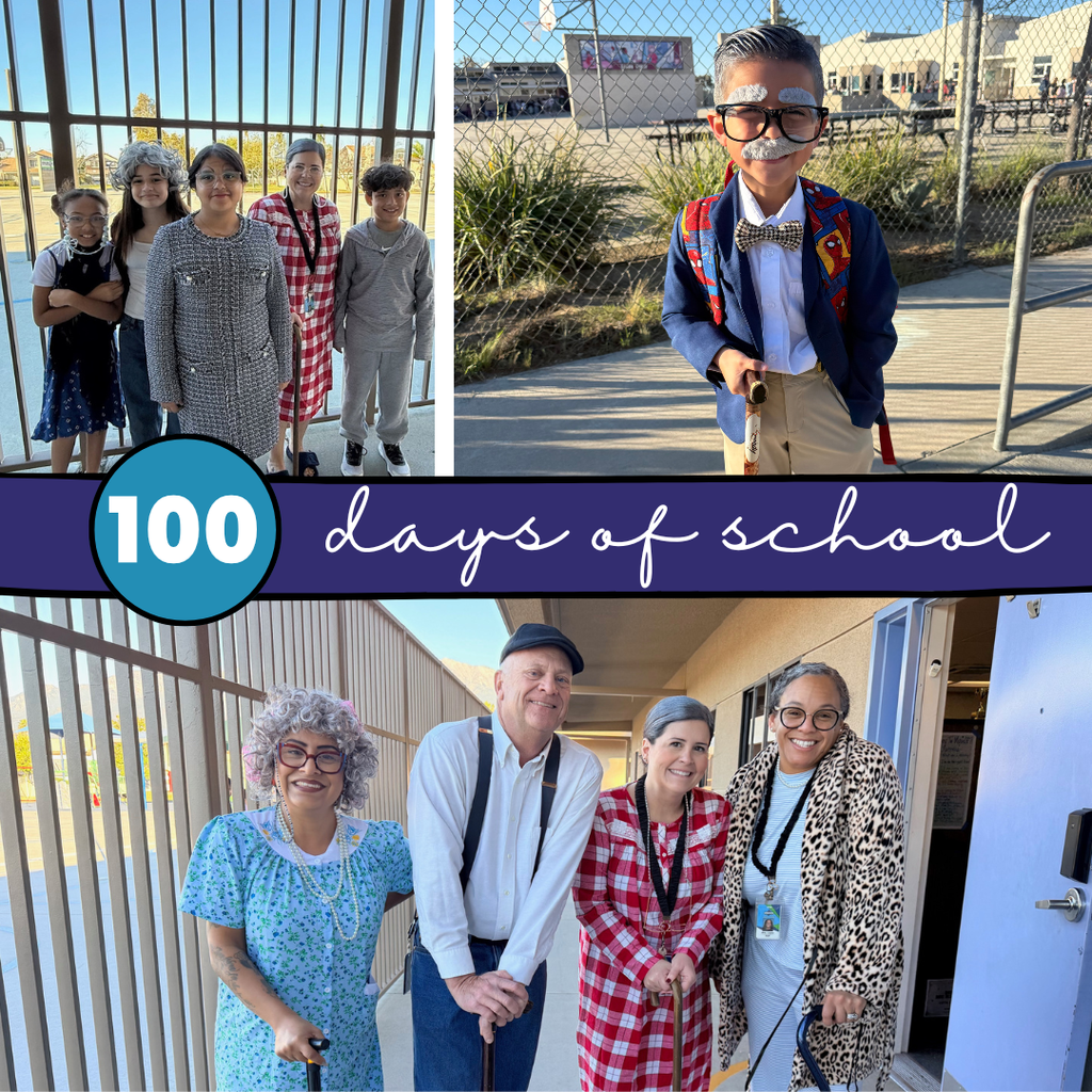 Text: 100 Days of  school Image: people dressed as old people