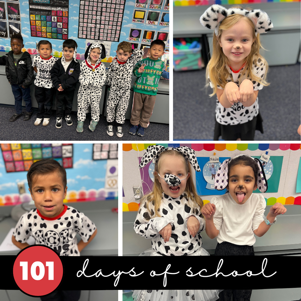 Text: 101 Days of school Images: adults and students dressed up like Dalmatians