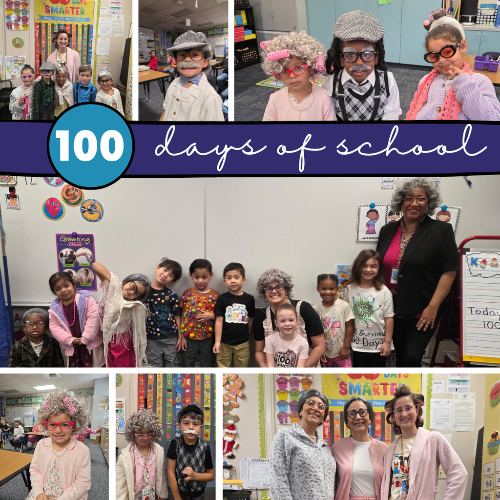 Text: 100 Days of Learning Images: students and adults dressing up like older people