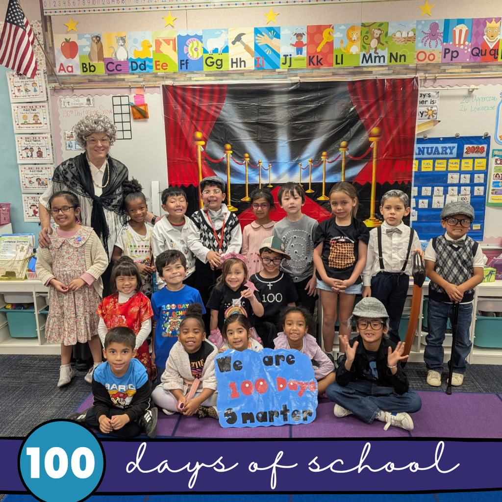 Text: 100 Days of School Images: students and teachers dressed as older people 
