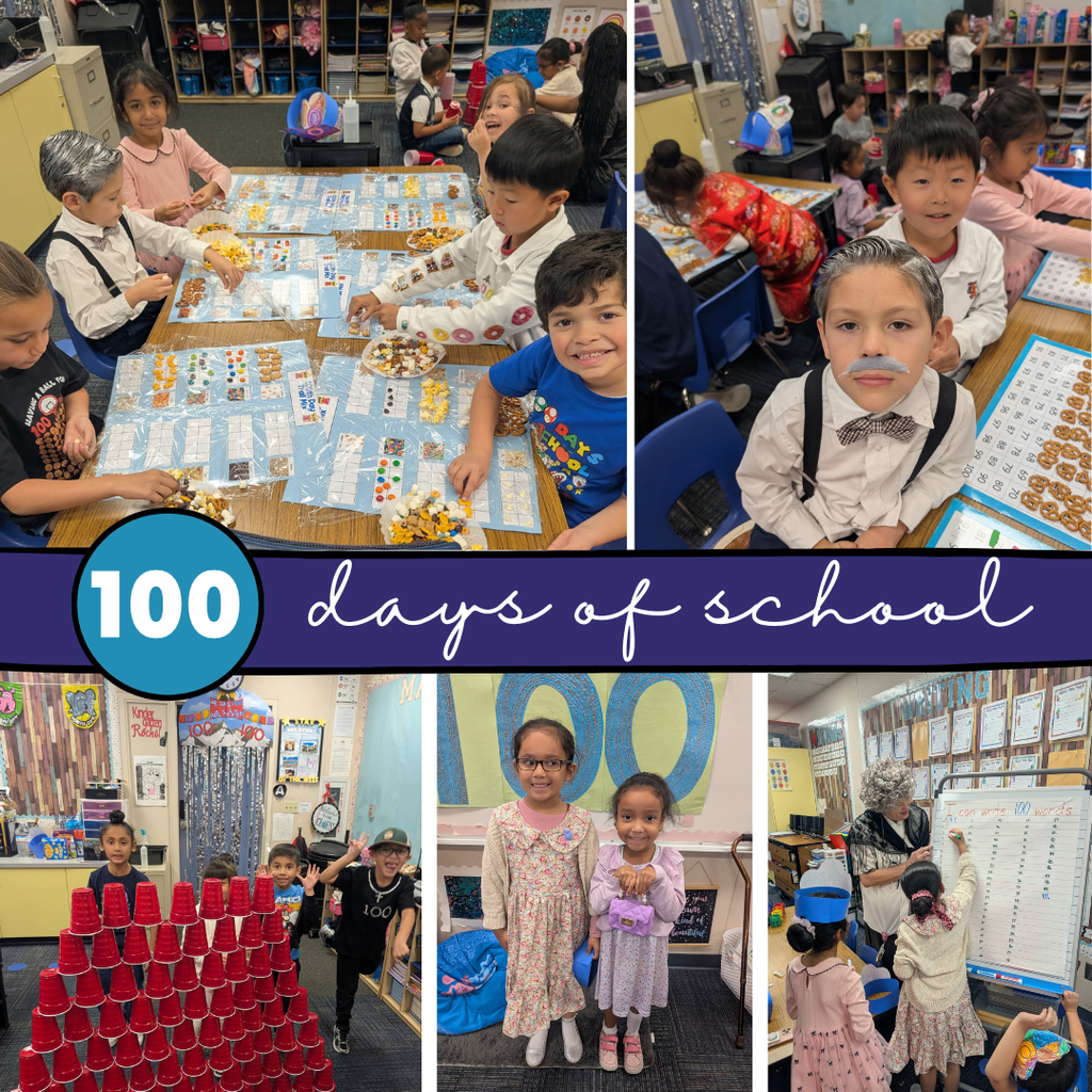 Text: 100 Days of School Images: students and teachers dressed as older people 
