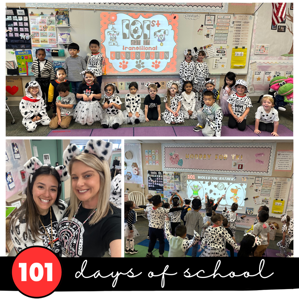 Text: 101 Days of School Images: students and teachers dressed up like Dalmatians
