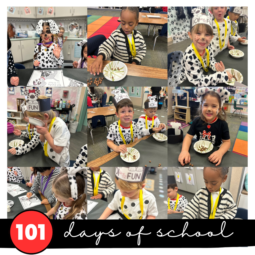 Text: 101 Days of School Images: students and teachers dressed up like Dalmatians