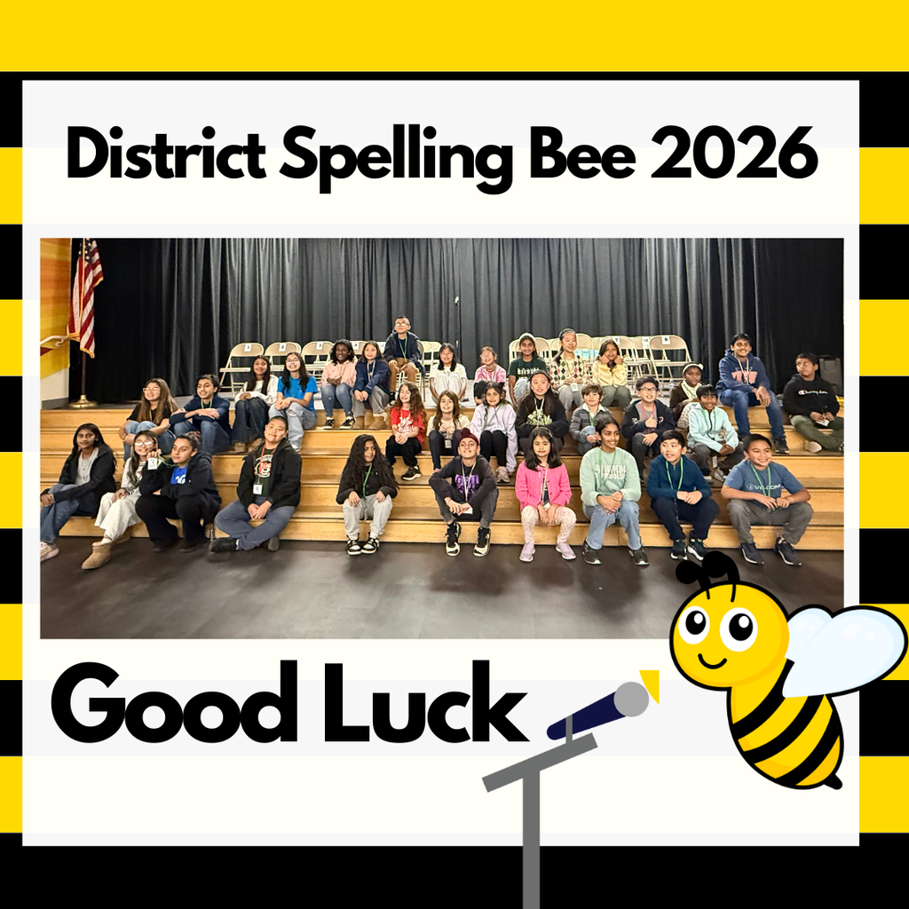 Text: District Spelling Bee 2026, Good Luck Image: bee speaking and a lot of kids on the stage