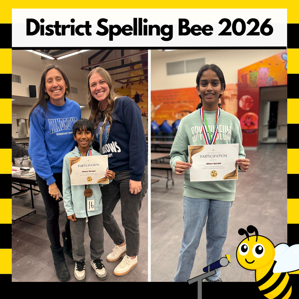 Text: District Spelling Bee 2026 - congrats images: students smiling with teachers