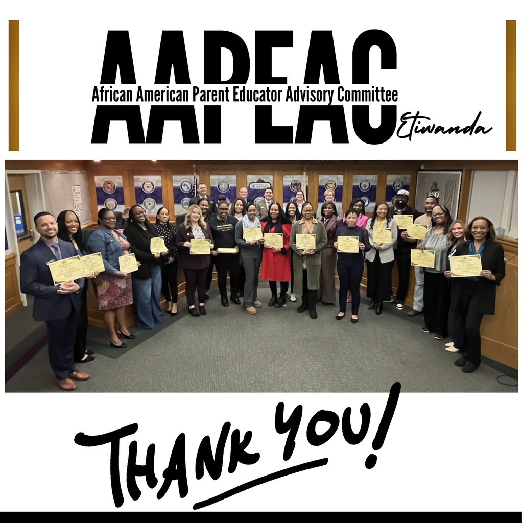 Text: AAPEAC African American Parent Educator Advisory Committee Etiwanda, Image: a lot of smiling adults at a board meeting holding a certificate.